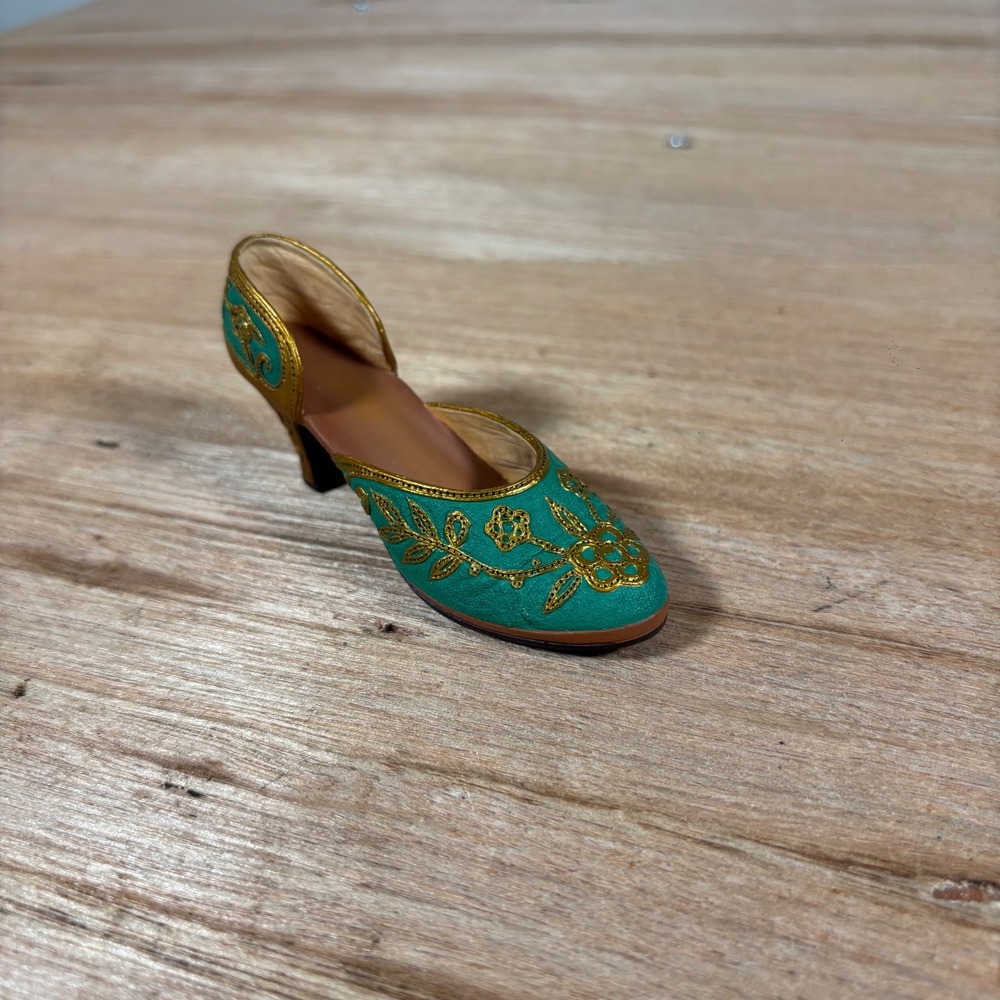 Just The Right Shoe Carved Heel Raine 25096 Miniature Teal Gold Figurine 1999
